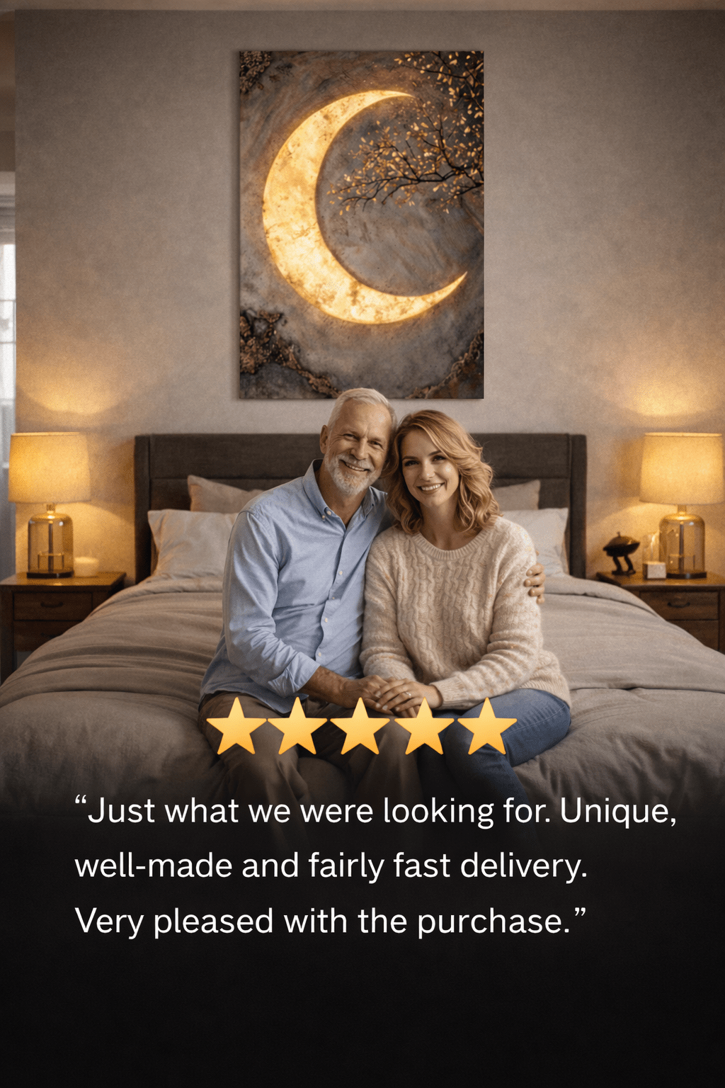 Luxury Crescent Moon Canvas Wall Decor – Illuminated Gold and Grey Artwork