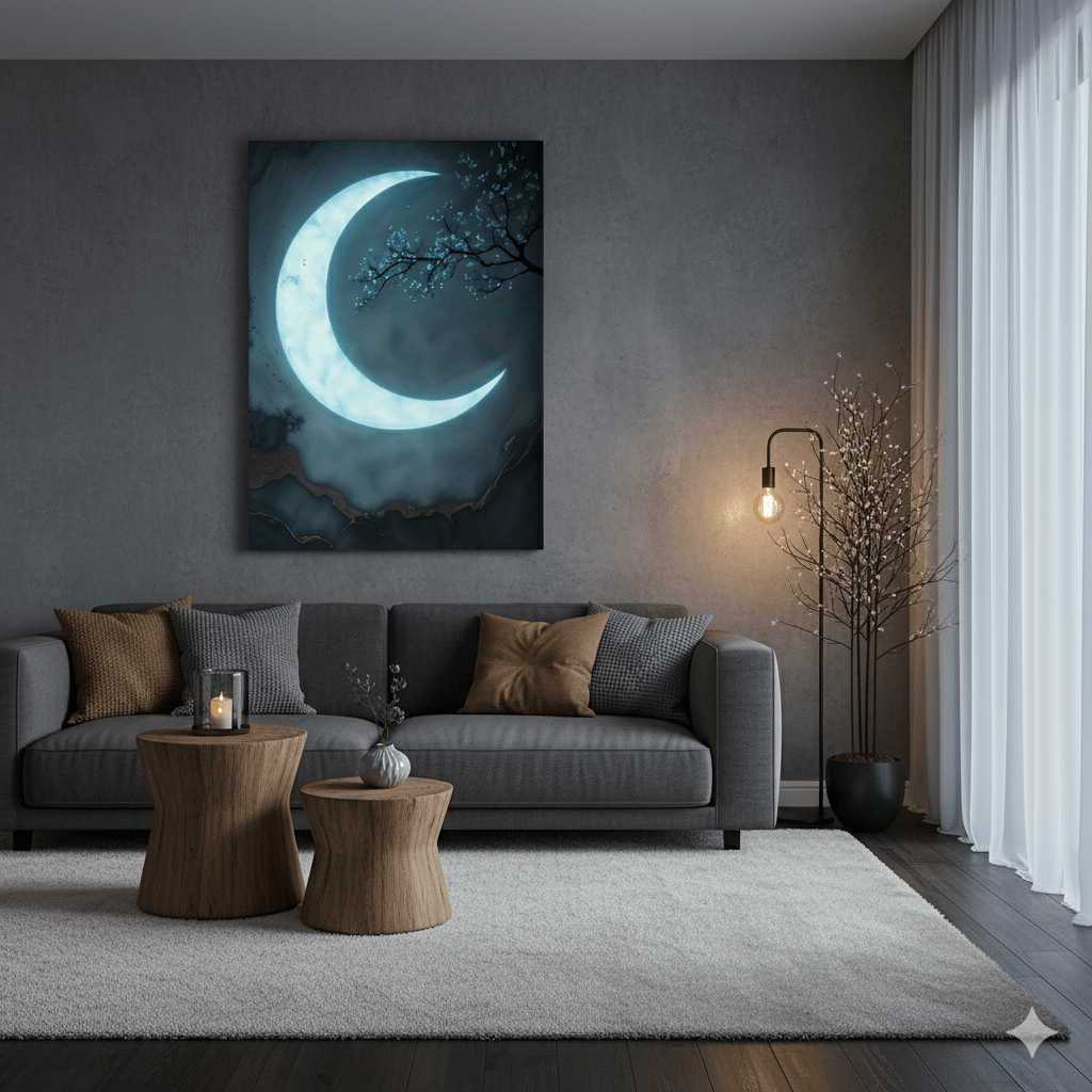 Luxury Crescent Moon Canvas Wall Decor – Illuminated Gold and Grey Artwork