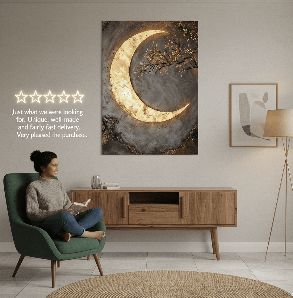 Luxury Crescent Moon Canvas Wall Decor – Illuminated Gold and Grey Artwork
