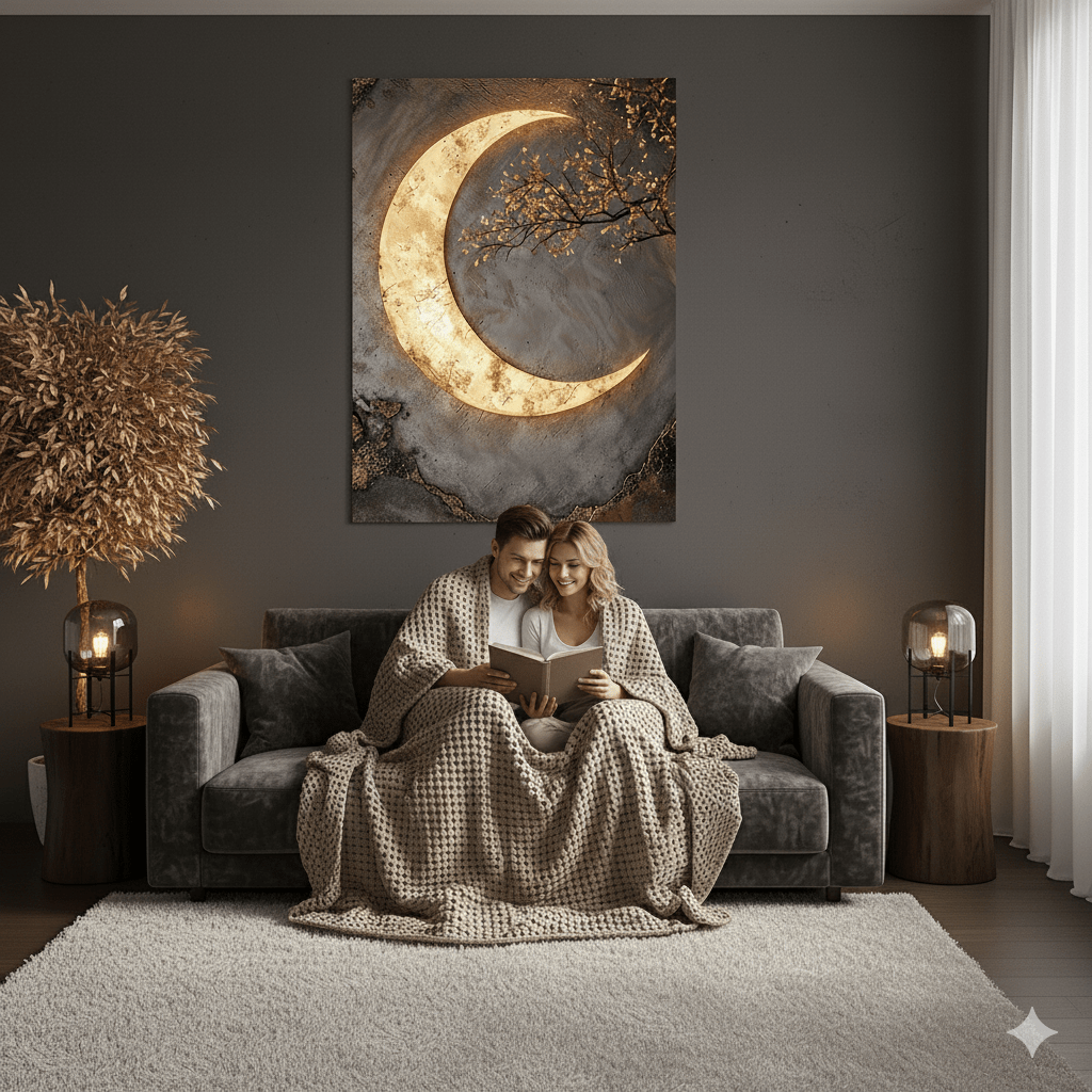 Luxury Crescent Moon Canvas Wall Decor – Illuminated Gold and Grey Artwork