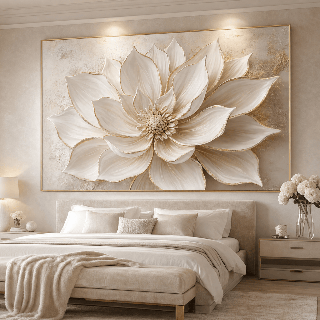 Luxury Flower Wall Art – Oversized Neutral Canvas with Beige and Gold Petals