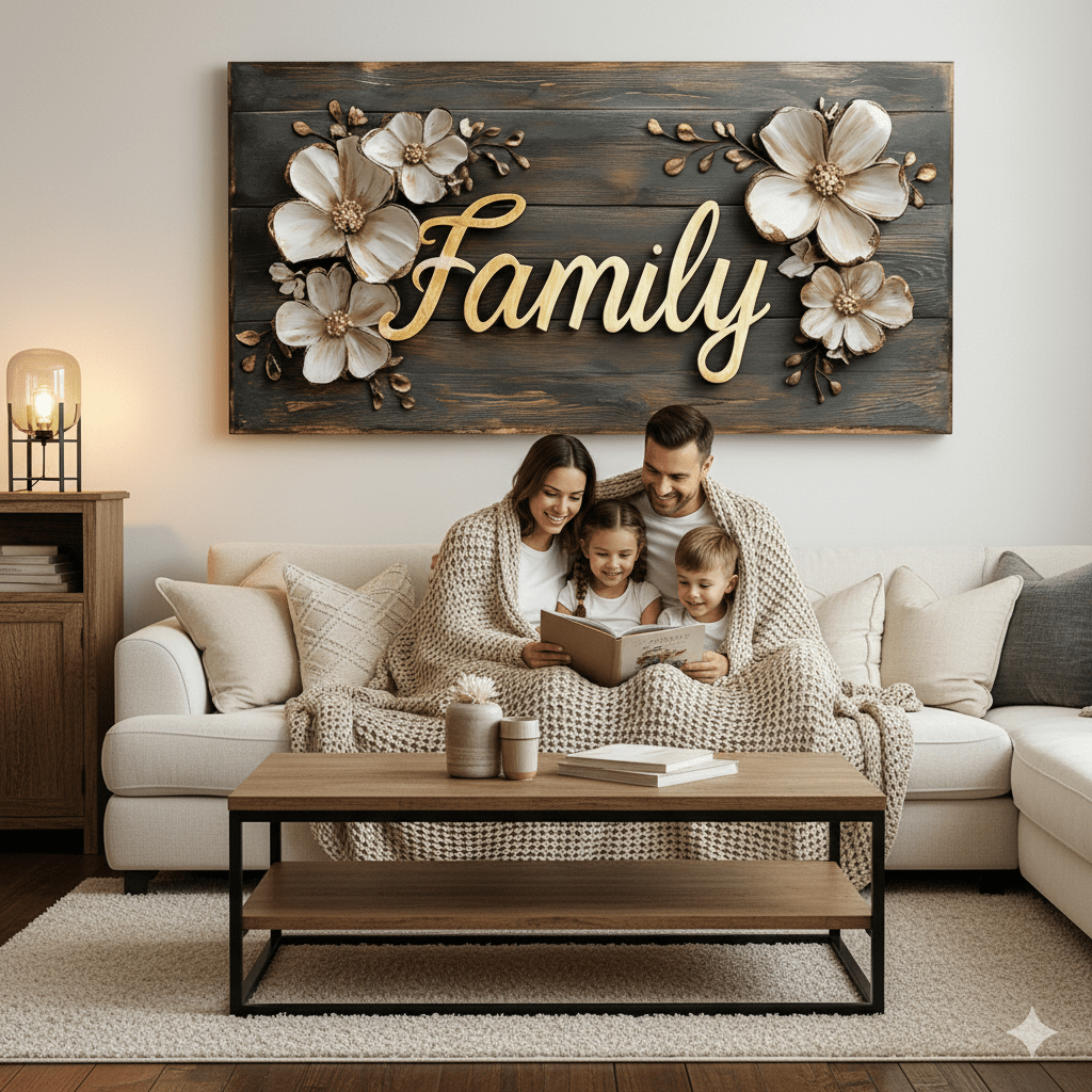 Rustic Family Canvas – Farmhouse Style Wall Decor with Floral Accents