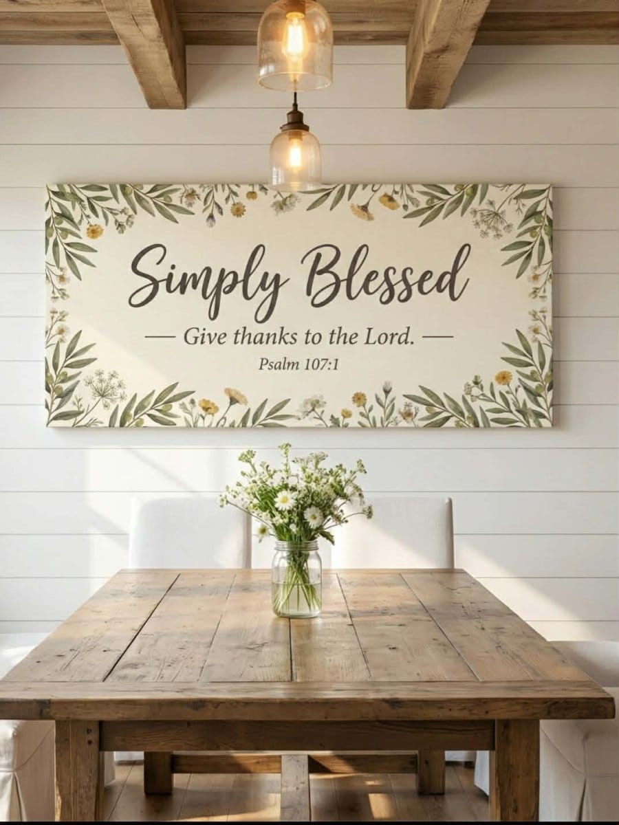 Simply Blessed Christian Wall Art – Psalm 107:1 Farmhouse Canvas Decor, Faith-Based Dining Room and Kitchen Wall Decor