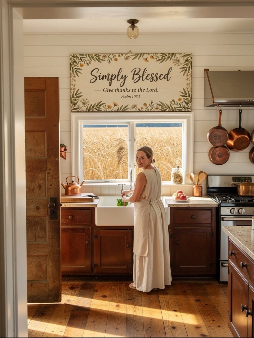 Simply Blessed Christian Wall Art – Psalm 107:1 Farmhouse Canvas Decor, Faith-Based Dining Room and Kitchen Wall Decor