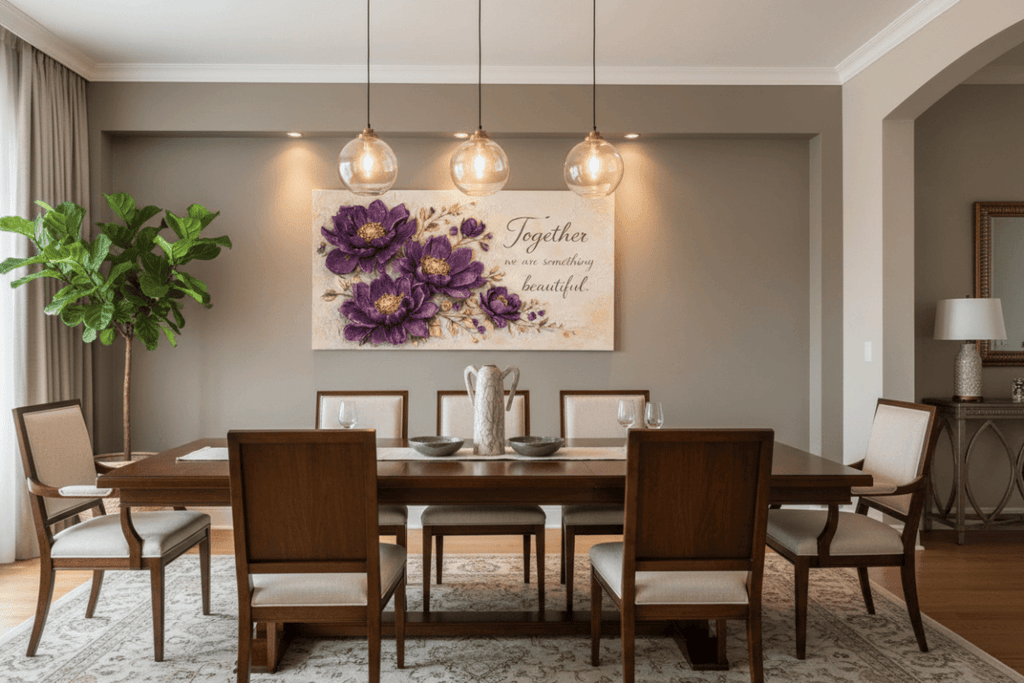 Together We Are Something Beautiful Wall Art - 3D Purple Peony Canvas with Gold Texture & Cream Backdrop