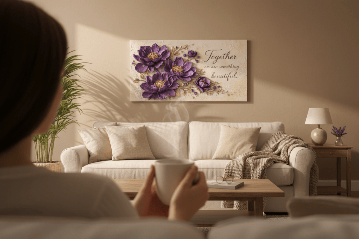 Together We Are Something Beautiful Wall Art - 3D Purple Peony Canvas with Gold Texture & Cream Backdrop