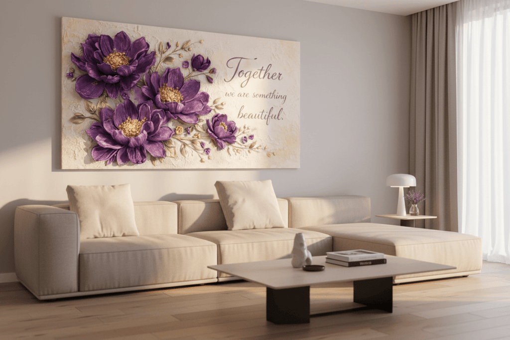 Together We Are Something Beautiful Wall Art - 3D Purple Peony Canvas with Gold Texture & Cream Backdrop