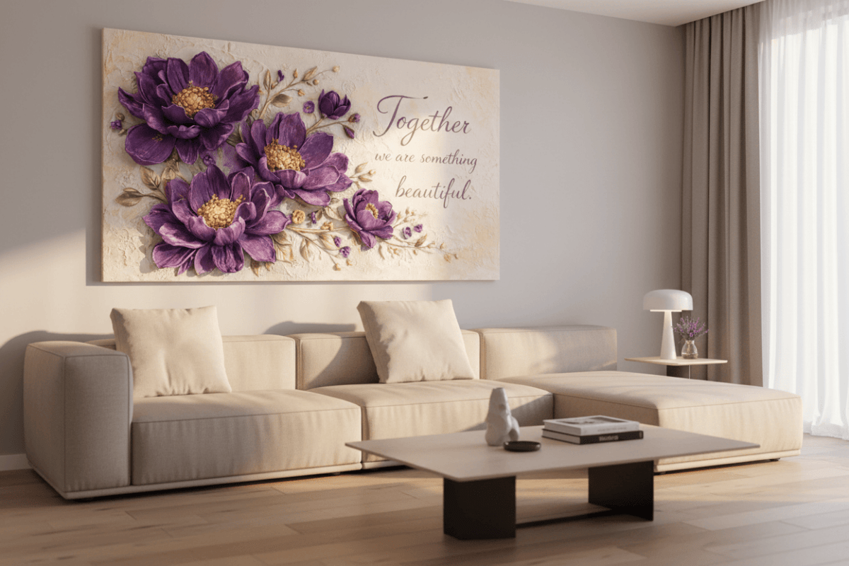 Together We Are Something Beautiful Wall Art - 3D Purple Peony Canvas with Gold Texture & Cream Backdrop