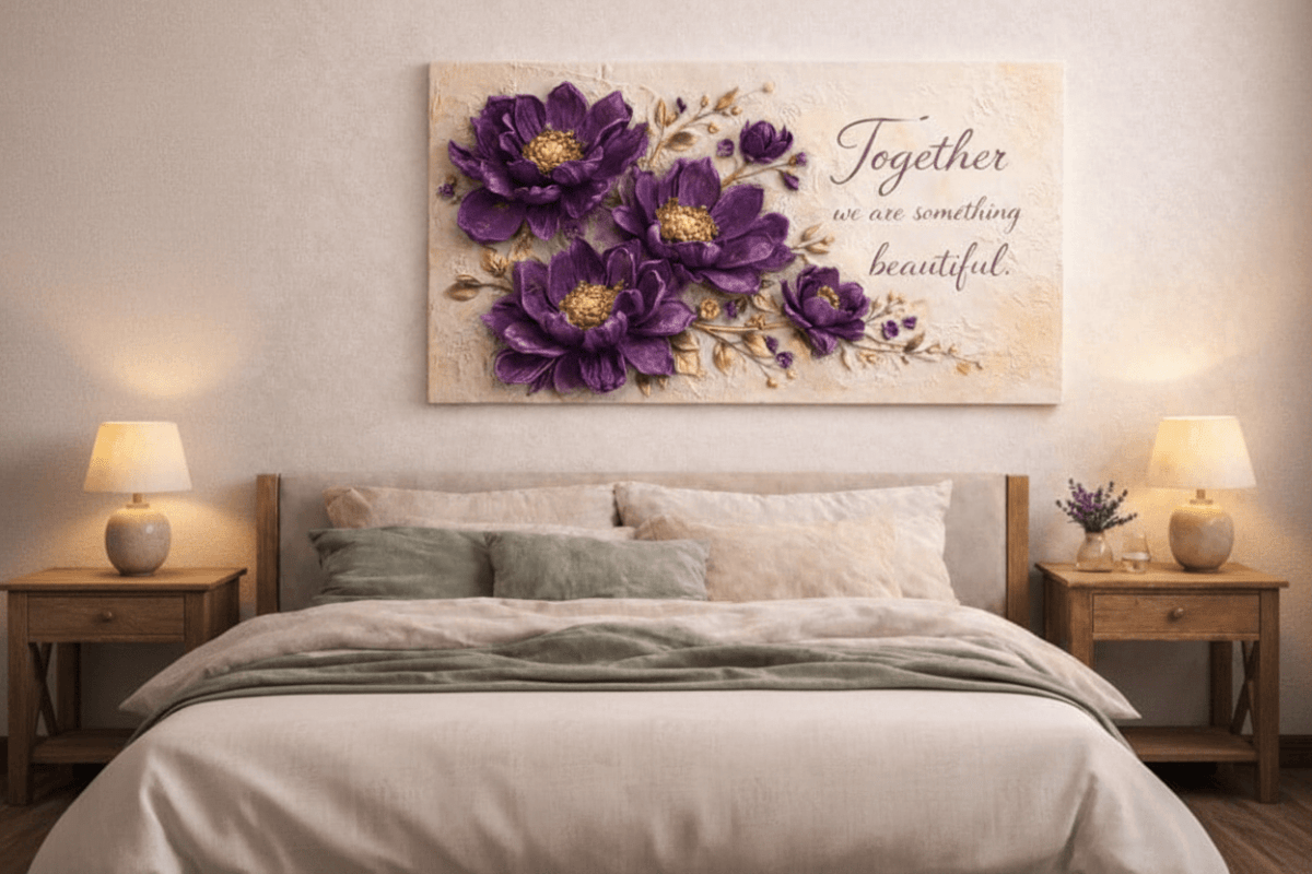 Together We Are Something Beautiful Wall Art - 3D Purple Peony Canvas with Gold Texture & Cream Backdrop