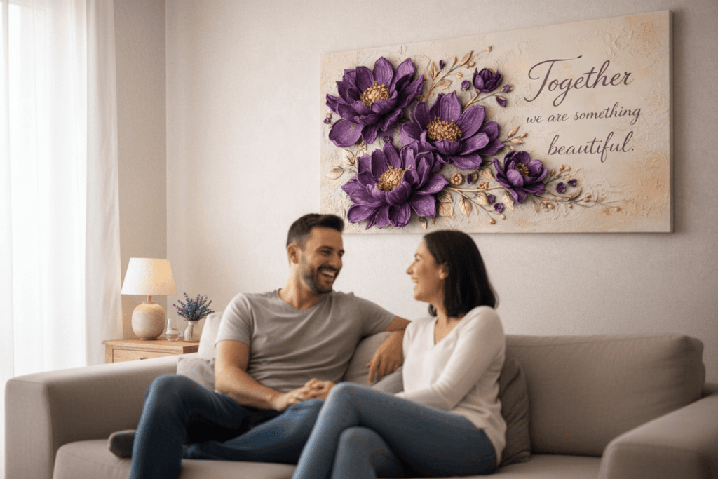 Together We Are Something Beautiful Wall Art - 3D Purple Peony Canvas with Gold Texture & Cream Backdrop
