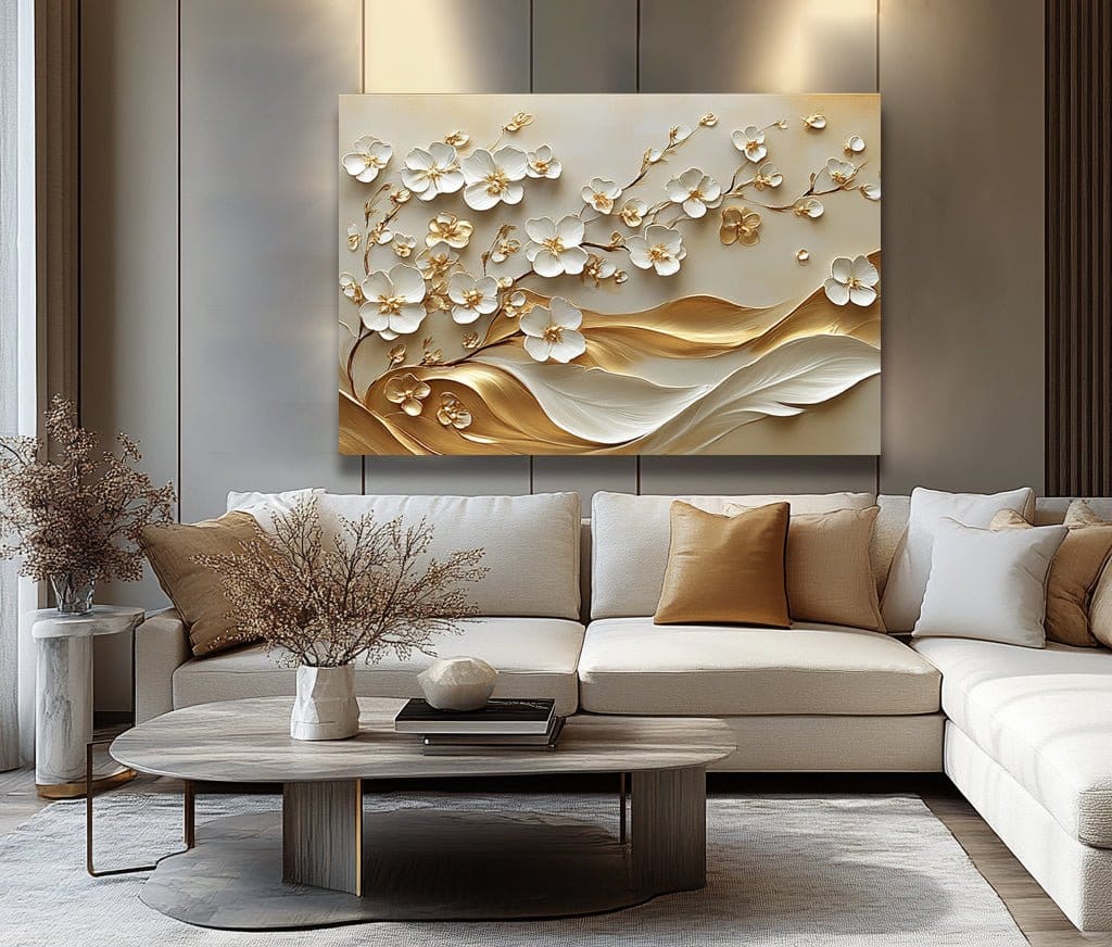 Whispering Petals – White & Gold Floral Flow Wall Art Canvas