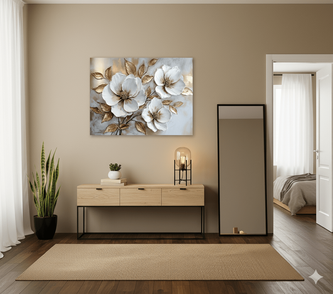 White Blossom Wall Art – Modern Floral Canvas with Elegant Gold Accents
